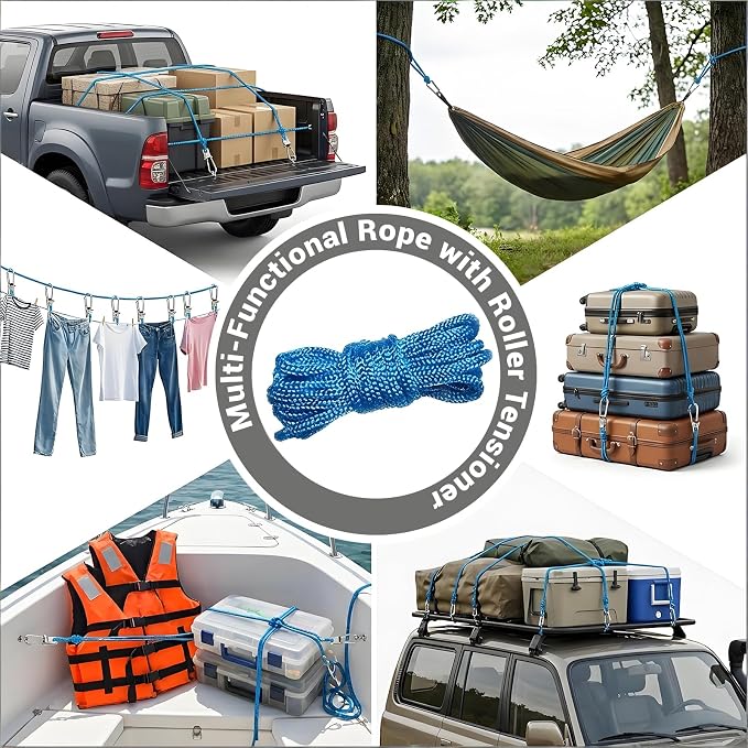 9 Pack Rope with Roller Tensioner for Easy and Secure Tying,2026 New Heavy Duty Retractable Buckle Rope with Accessory Cord for Camping Boating Home Storage Outdoor Use (Silver 9)