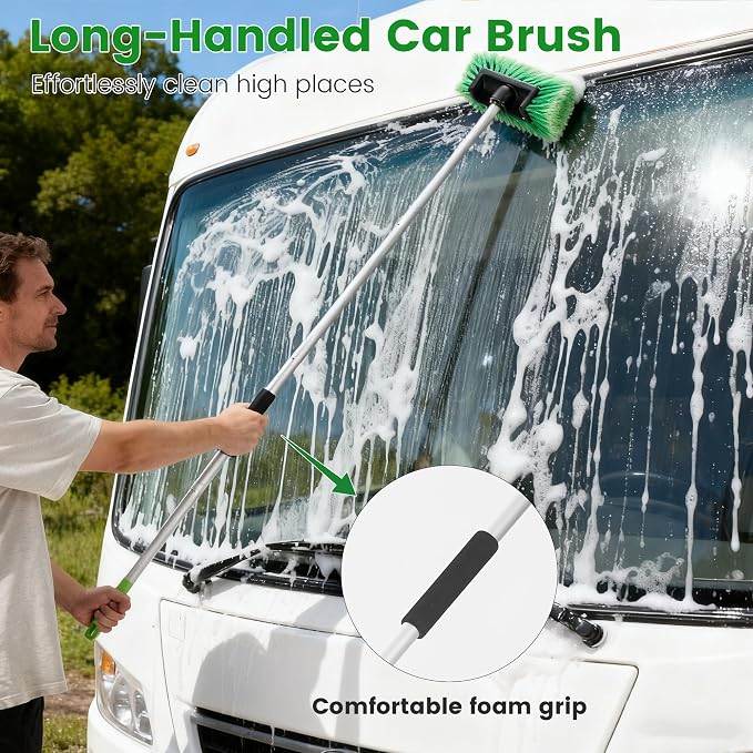 Car Wash Brush with Long Handle, 60'' Soft Bristle Cleaning Brush, Car Cleaning Brushes, Carwash Brushes for SUV, RV, Boat, Truck, House Siding, Sweep Snow, Green