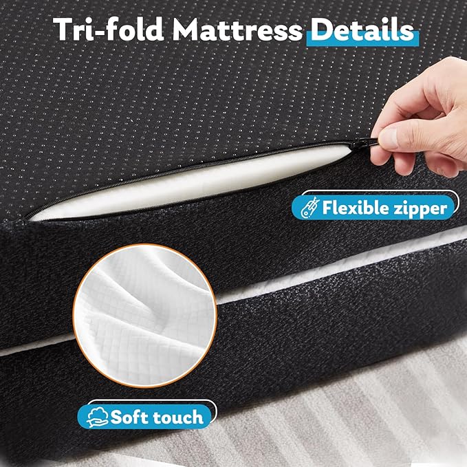 Folding Memory Foam Pads, 4" Tri-Fold Twin Topper with Washable Cover, Portable Guest Floor Bed Non-Slip for Travel Camping