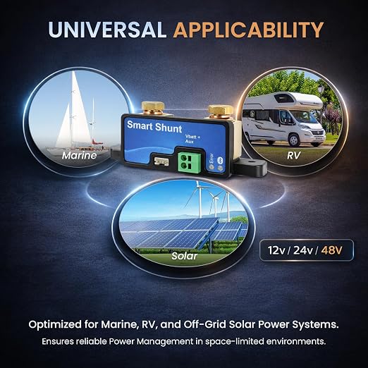 500A Bluetooth Battery Monitor Shunt, 6.5V-70V Intelligent Current Sensor | Fit for LiFePO4 Lead-Acid, 12V 24V 48V High Precision SOC Gauge for RV Marine Solar Off-Grid with Manual