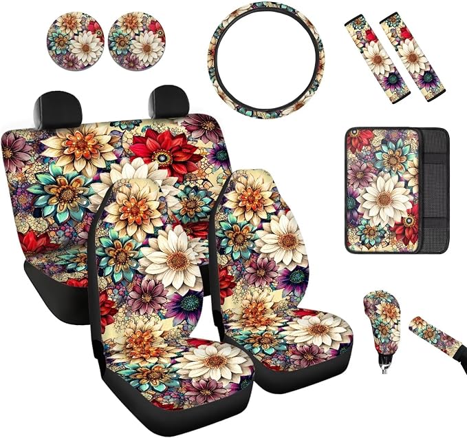 BIGCARJOB Bright Blossom Lotus Car Seat Covers Set for Front and Rear 12 Pcs Boho Lotus Print Car Interior Accessories Full Set with Console Cover,Steering Wheel Covers,Seat Belt Pads