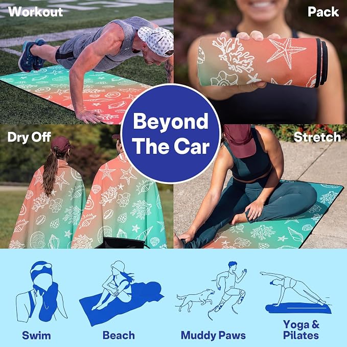 2 Pack Car Seat Towel Covers, Sweat Protector for Front Seats, Premium Thickened Microfiber with Elastic Strap, Breathable & Quick Dry, Machine Washable Cover for Gym Running Universal Fit Seashell