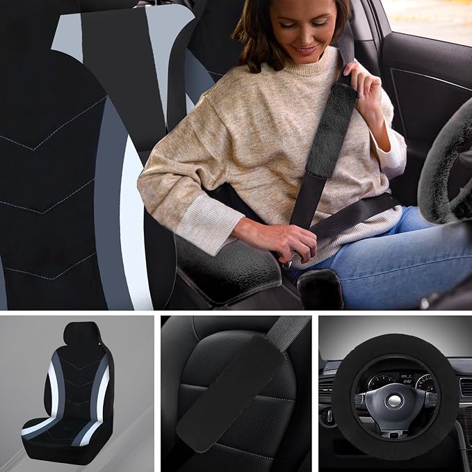 High Back Curved Car Seat Covers,Universal Car Seat Cover Full Set,Plush Steering Wheel Cover,Fit Sedans,Cars,Vans,SUV,Truck(Black)