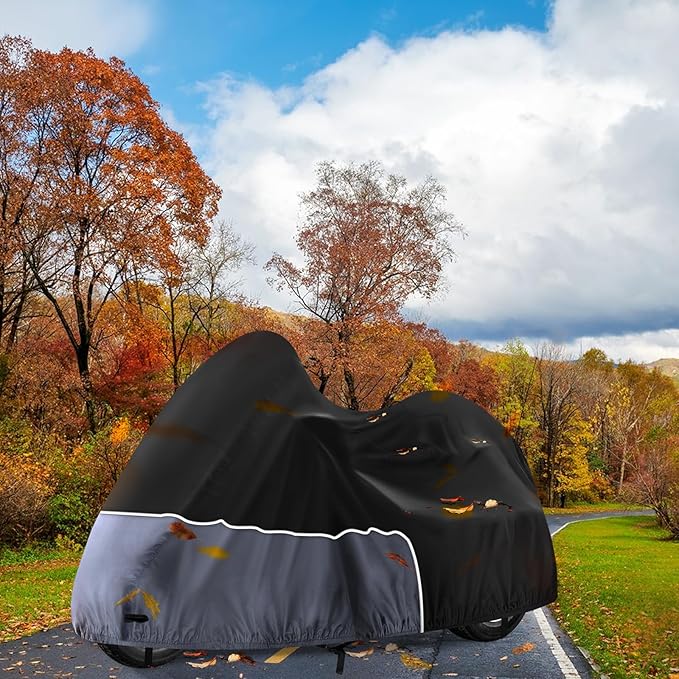 Trike Cover, Waterproof 3 Wheel Motorcycle Cover for Harley Davidson, Honda Goldwing, Kawasaki Trike Accessories, with Windproof Buckle, Reflective Strap, Black&Grey
