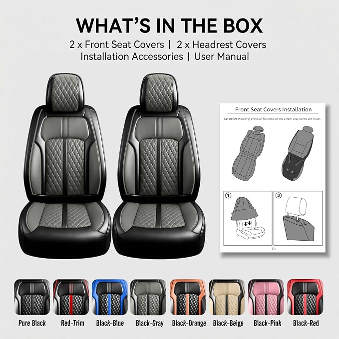 Fit XTS Car Seat Covers (Front Pair) for Cadillac XTS 2013-2019 - Premium Full Coverage Leather, Airbag Compatible & Scratch-Resistant, Waterproof & All Weather Seat Protector, Black+Gray