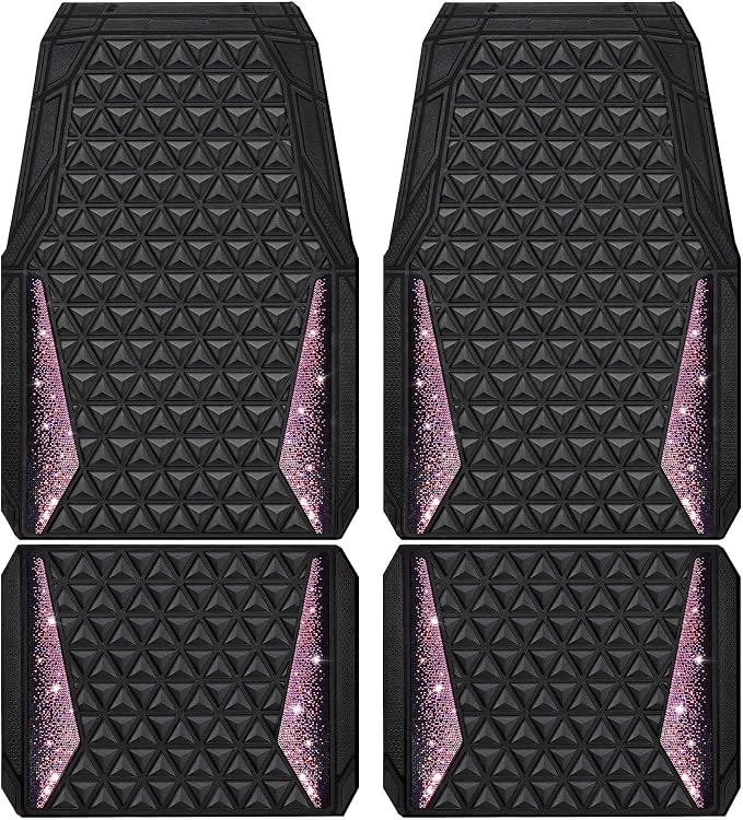 CAR PASS Bling Rubber Car Mats Diamond Floor Mats Full Set Anti-Slip 3D Rhombus Waterproof Universal Trim to Fit Liner Glitter Crystal Sparkly Shining Rhinestone Girl Women SUV Sedan Van, Black Pink