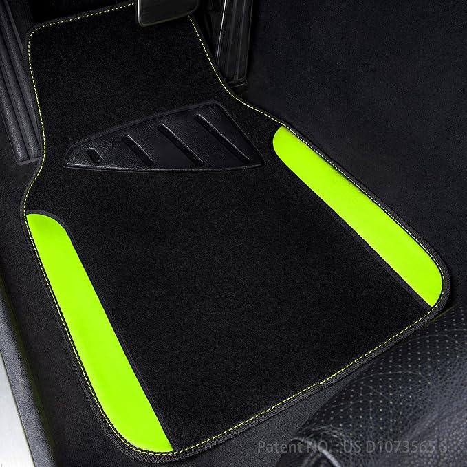 CAR PASS Fluorescent Leather & Waterproof Car Carpet Floor Mats, Universal Car Mats Fit for SUV,Vans,sedans, Trucks,Set of 4pcs Car Carpet with Anti-Slip nibbs Driver Heel Pad (Black Green Lime)