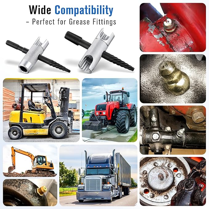 Feekoon Grease Zerk Fitting Tool All in One Grease Fittings Assortment with Removal Tool Fit 1/4"-28 SAE, 1/8"-NPT, M10x1 M8x1 and Hex Size 3/8" 5/16" 7/16" for Install, Remove, Rethread