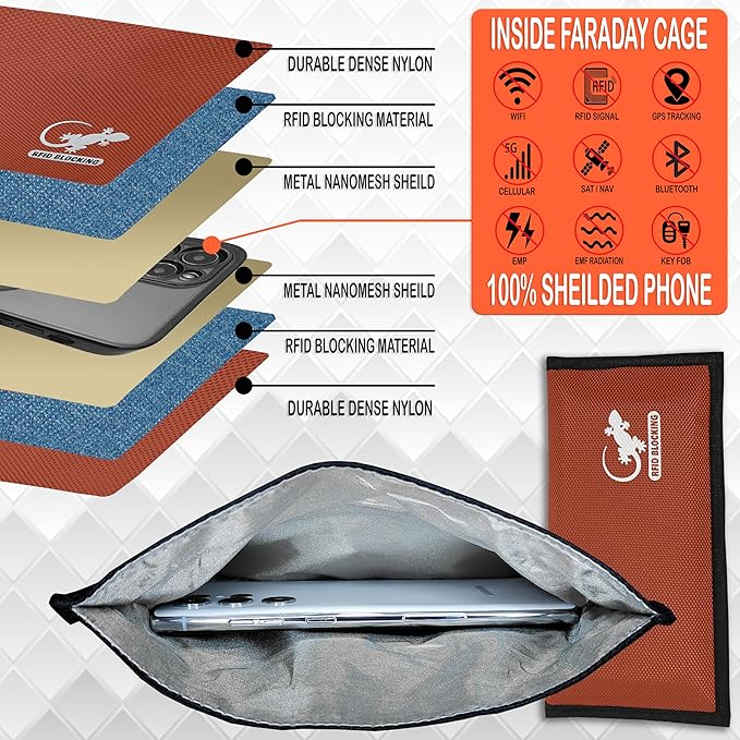 Gecko Travel Tech Faraday Bag Orange Nylon - Signal Blocker for Cell Phone, Car Key FOB, Data Privacy (ORANGE - NYLON)