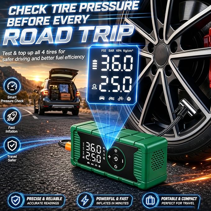 8000A Jump Starter with Air Compressor, Portable Tire Inflator and Battery Jumper, German-Tech Fast Charging Power Bank for Car Owner, Camping, Road Trips Emergency Preparedness Gift