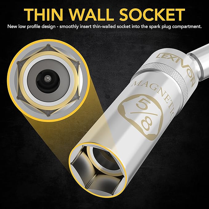 LEXIVON 5/8" Swivel Magnetic Spark Plug Socket, 3/8" Drive x 6" Total Length | Enhanced Magnetic Design with Thin Wall Socket, Cr-v Steel (LX-121)