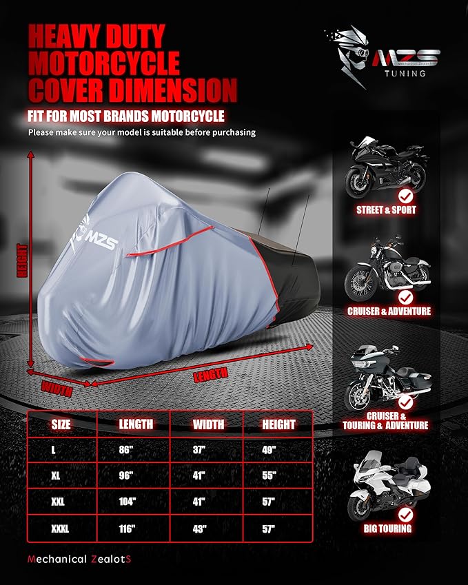 MZS Motorcycle Cover Waterproof Outdoor, Heavy Duty All Season Weather Sun Protection with Storage Bag Vents Night Reflective Cotton Lining Lock Holes fits up to 104" Motorcycles Vehicle Covers