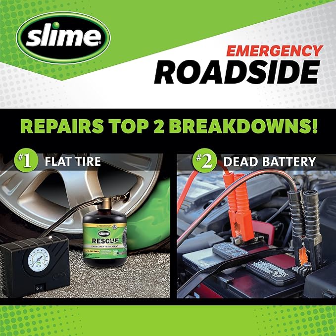 Slime 50154 Emergency Roadside Kit with Flat tire Repair and Booster Cables for Compact Cars, Standard Cars and Crossovers