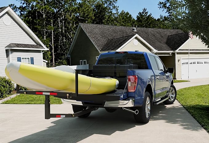 ECOTRIC 750lbs Capacity Black Truck Bed Extender Pickup Truck Bed Hitch Mount Extension Rack SUV Lumber Ladder Canoe Boat Kayak Long Pipes w/Flag - Powder Coated Steel