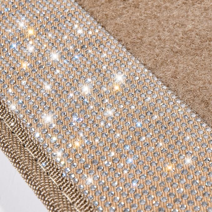 CAR PASS Bling Rhinestones Diamond Car Floor Mat Car Seat Covers Full Set, Crystal Sparkly Shining Glitter Carpet, Waterproof Anti-Slip PVC Heel Pad Universal Fit Interior Girl Women Beige