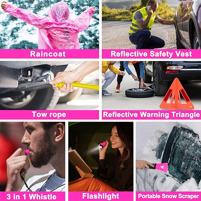 Pink Car Emergency Kit, Premium Roadside Emergency Car Accessories Kit with Jumper Cables, Flashlight, Shovel, Toolbox Set, etc Car Accessories for Women