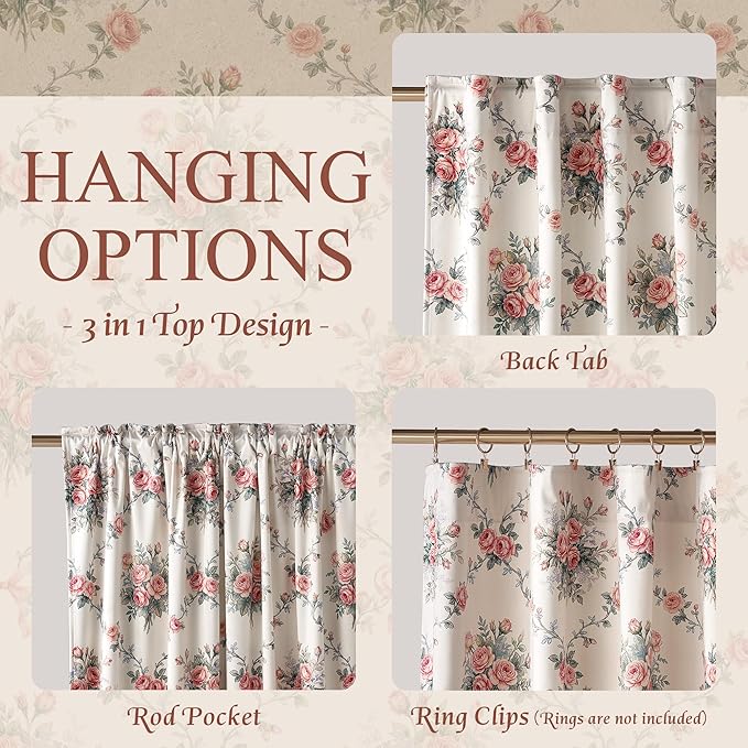 StangH Cottagecore Floral Printed Velvet Curtains, Cream Vintage Rose and Bow Knot Patterned Drapes French Country Romantic Home Decor for Bedroom Nursery, W52 x L96, 2 Panels