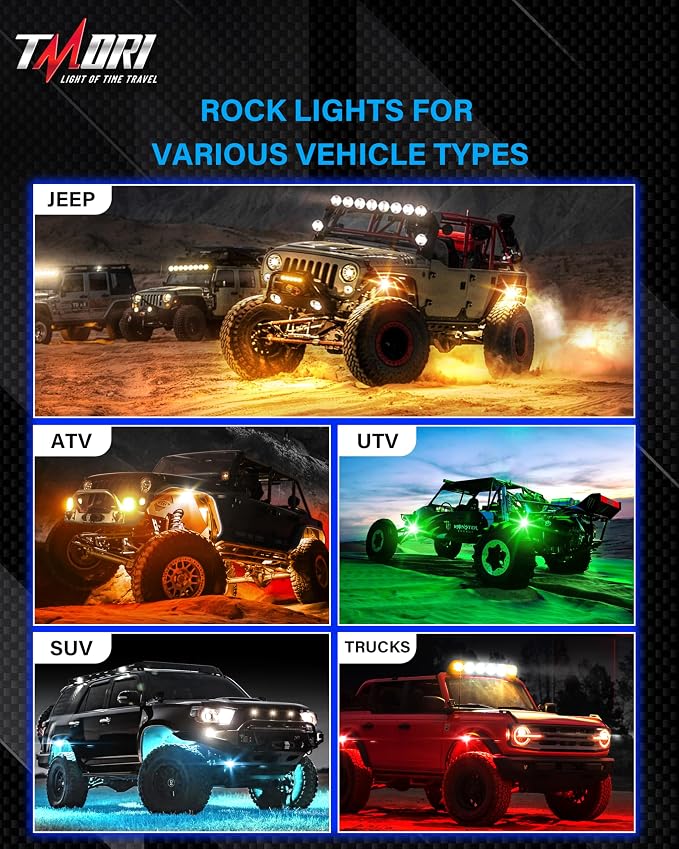 Rock Lights for Trucks: 8 Pod RGBW Underglow Light for Trucks with App Control Featuring Flashing Music Sync Mode All Aluminum Housing IP68 Waterproof Rock Lights for ATV UTV SUV RZR Truck Accessories