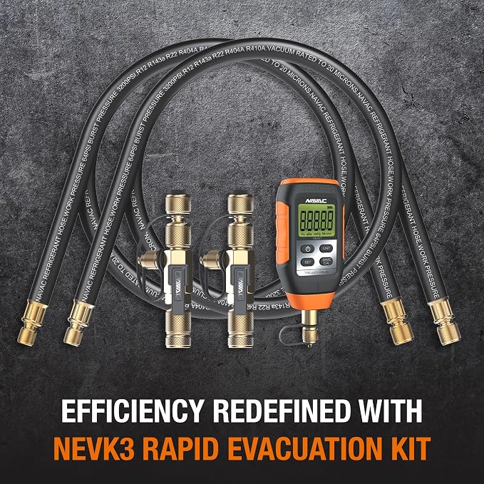 NAVAC NEVK3 Rapid Evacuation Kit - Valve Core Removal Tool Set with 1/4″ & 5/16″ VCRT, 3/8″ to 1/4″ & 1/2″ to 1/4″ Fittings, Micron Vacuum Gauge & High-Performance Refrigerant Evacuation Hoses
