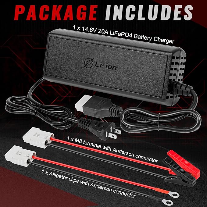 20A 12V LiFePO4 Battery Charger, 14.6V Lithium Battery Charger with M8 Terminals & Alligator Clips, Fast Charging, Over-Current and Over-Voltage Protection for 12V Lithium Iron Phosphate Batteries