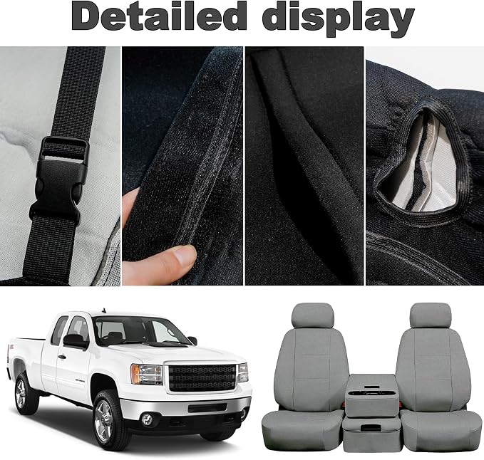 Seat Covers for Chevy Silverado & GMC Sierra 1500/2500HD 2007-2013 Heavy Duty Cloth Protector Interior Accessories,Waterproof & Machine Washable-Gray (Front)