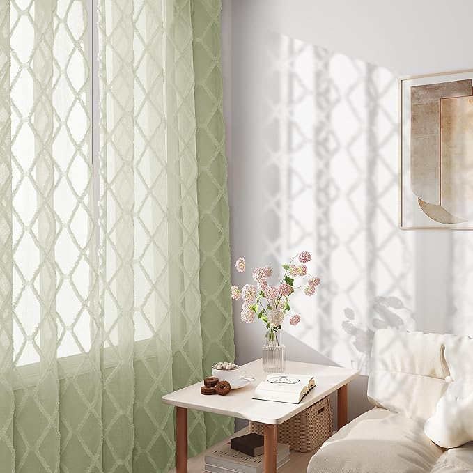 Sage Green Sheer Curtains 90 Inch Long for Living Room 2 Panels Back Tab Pocket Light Green Boho Farmhouse Drapes Light Filtering Privacy Embroiderd Textured Rustic Window Curtain for Bedroom 52x90