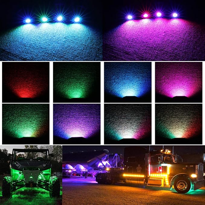 RGB LED Rock Light Kits 4 Pods Underglow Neon LED Lights with Bluetooth Control Waterproof Multicolor Wheel Well Lights for Truck SUV ATV UTV Boat Marine Motorcycle Off Road