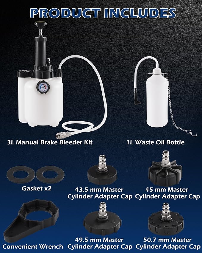 3L Brake Fluid Bleeder Kit w/ 1L Catch Bottle, Pressure Brake Bleeding Tool, Manual Power Bleeder Pump for Flush Brakes and Clutch System, Upgraded Adapters (43.5/45/49.5/50.7mm), White