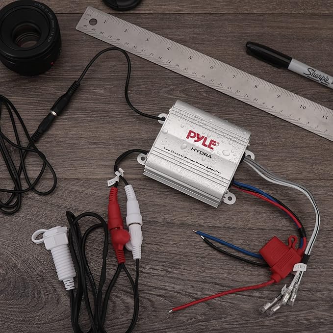 Pyle Hydra Marine Amplifier - Upgraded Elite Series 400 Watt 2 Channel Micro Amplifier - Waterproof, GAIN Level Controls, RCA Stereo Input, 3.5mm Jack & Volume Control (PLMRMP1A)