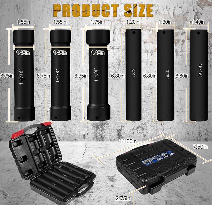 1/2 Inch Drive Extended Length Impact Socket Set 6Pcs, Extra Deep Socket Set Kit Includs Hex Sizes 3/4", 7/8", 15/16", 1-1/16”, 1-1/8", 1-1/4"