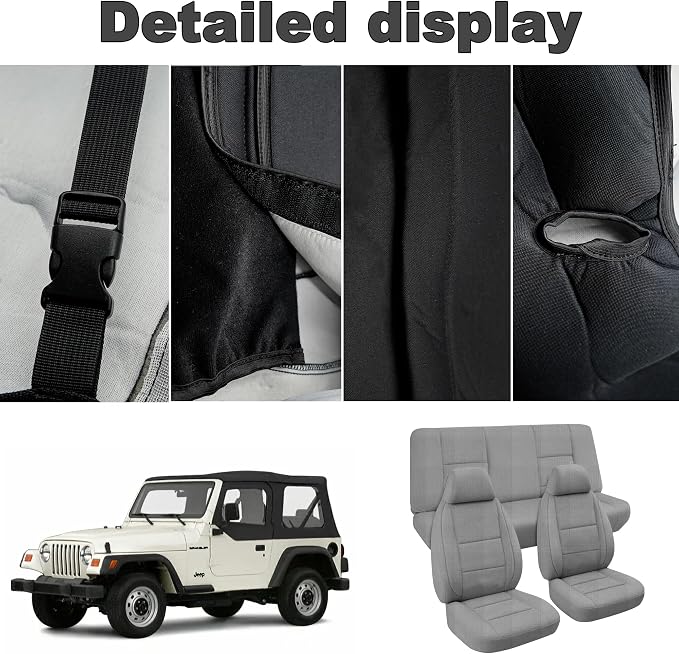 Custom Seat Covers for Jeep Wrangler TJ 1997 1998 1999 2000 2001 2002 Heavy Duty Cloth Protector Interior Accessories,Waterproof & Machine Washable, Foam Padded - Gray(Front & Rear)