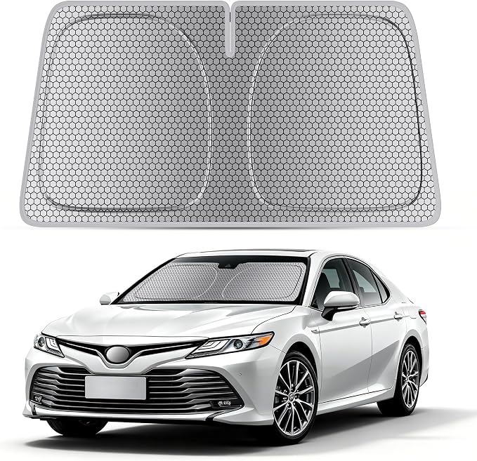helloleiboo Windshield Sun Shade for Toyota Camry 2018-2026 Graphene Honeycomb Heat Shield with UV Protection Foldable Custom Fit Front Window Sunshade Silver 58" x 28"