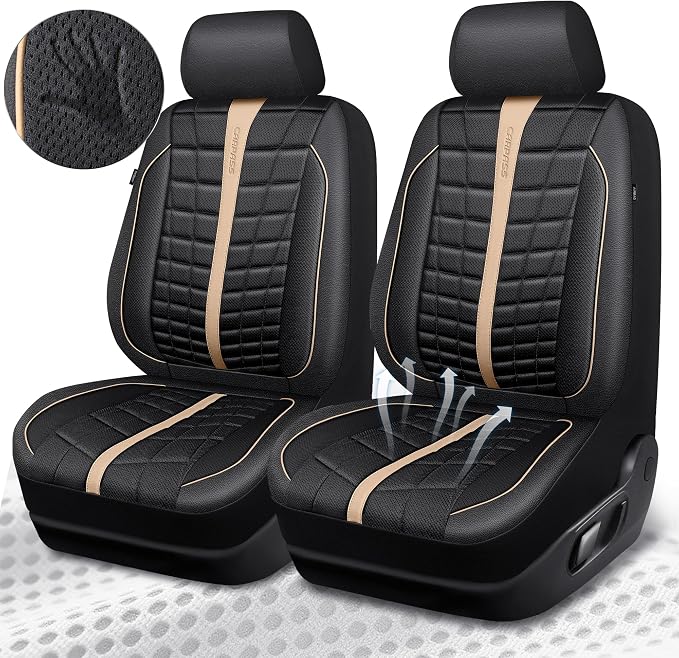 CAR PASS 3D Air Mesh Seat Covers for Car, Leather Car Seat Cover Front Seats, Breathable Foam Premium Leather Mesh Front Seat Covers Universal Fit for Cars Sedans Trucks Vans SUVs, Black Beige