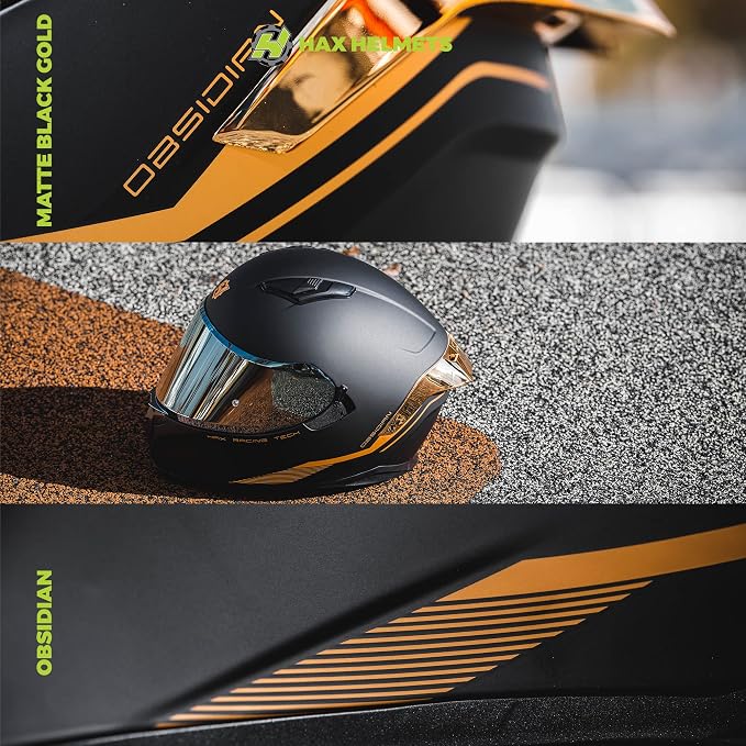 HAX Obsidian Full Face Dual Visor Adult Motorcycle Helmet for Motorbike Street Bike with Pinlock Ready DOT Approved Matte Black Gold L