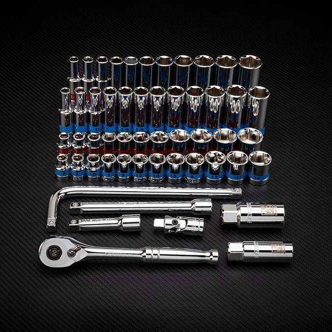 NEIKO 02512A 3/8” Drive Socket Set with Quick Release Ratchet (90 Tooth), 43 Piece Standard and Deep Metric Sizes, 6mm to 24mm, 6 Point, Universal Joint, 3/8” Extension Bars, CR-V Steel (Pack of 4)
