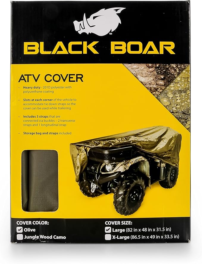 Black Boar ATV Cover - Features Waterproof Polyurethane Coating for Protection Against The Weather - Sewn-in Straps & Buckles - Olive, Large Up to 450cc (66018)