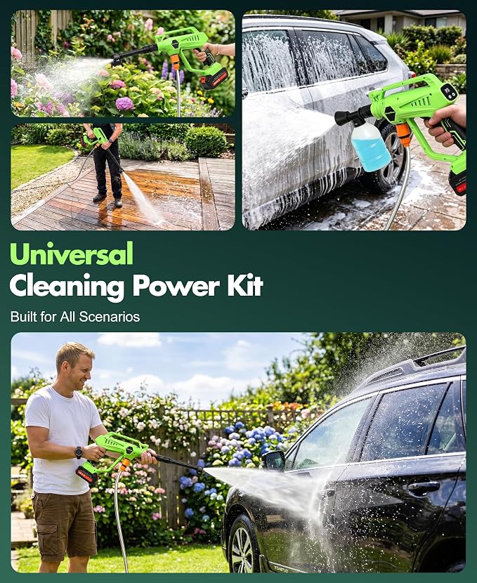 DeeprClean Cordless Car Washer with 6-in-1 Nozzle, Portable Vehicle Cleaning Tool with Brushless Motor |3 Adjustable Levels & Battery Display | Lightweight Spray Tool for Car, Patio Outdoor Use-Lime
