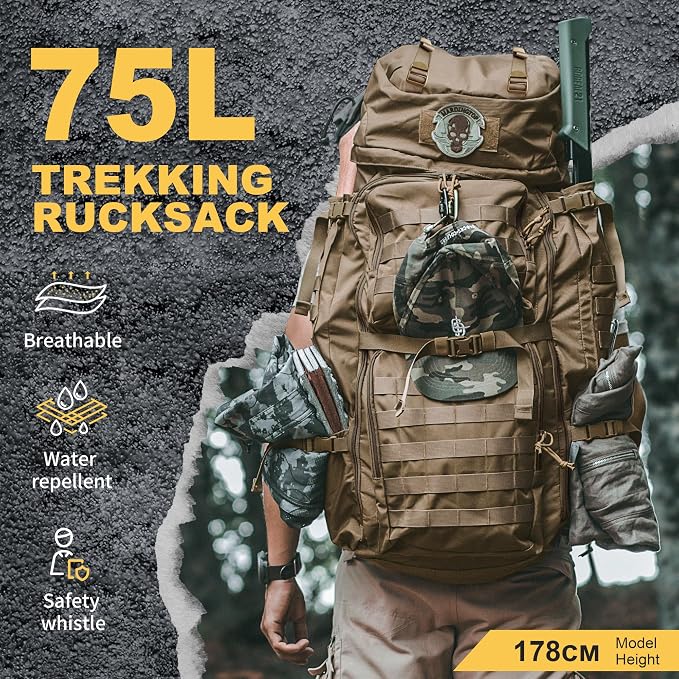 Mardingtop 75L Molle Hiking Internal Frame Backpacks with Rain Cover for Camping,Backpacking,Travelling(Cordura Khaki)