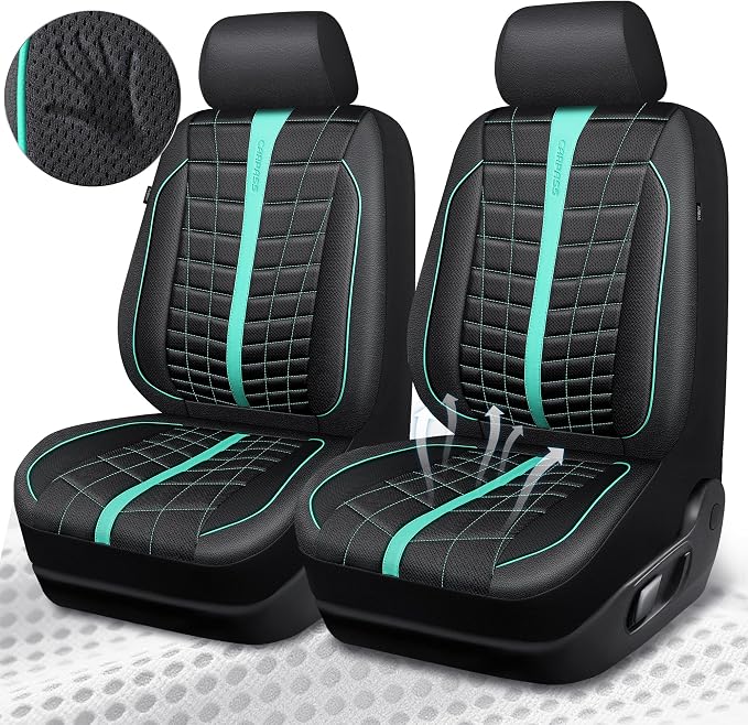CAR PASS 3D Air Mesh Seat Covers for Car, Leather Car Seat Cover Front Seats, Breathable Foam Premium Leather Mesh Front Seat Covers Universal Fit for Cars Sedans Trucks Vans SUVs, Black Mint