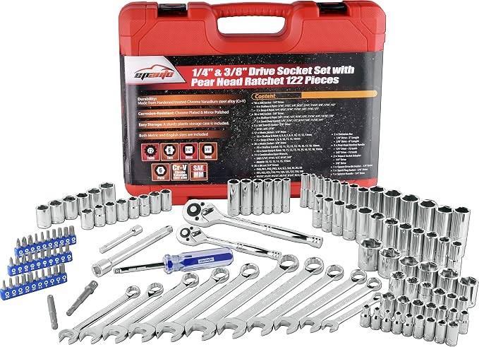 EPAuto Mechanics Tool Set Drive Socket Wrench Ratchets, SAE/Metric, 122-Piece