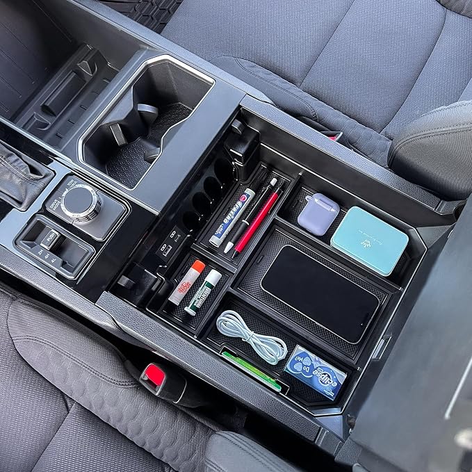 TOPINSTALL Center Console Black Tray and Red Rubber Liners Compatible with 2022 2023 2024 Toyota Tundra Accessories, Anti-Dust Dress Up The Interior