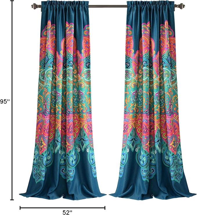 Lush Decor Boho Chic Light Filtering Window Curtain Panel Pair, 95" x 52" + 2" Header, Turquoise and Navy, 95 in x 52 in, Turquoise & Navy