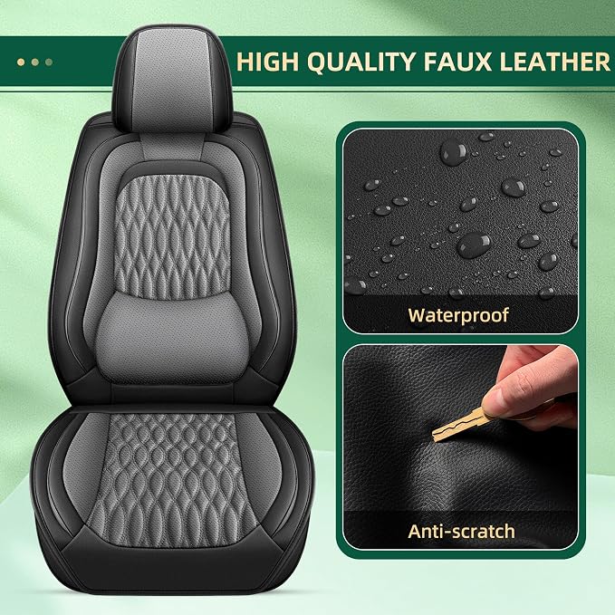 Seat Covers Fit for Ford Mustang Mach-E 2021-2025 2026 - Front Set - Faux Leather Lumbar Support Seat Cover Waterproof Seat Protector (Black&Grey)
