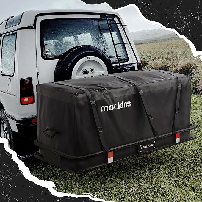 Mockins 25 CuFt XL Heavy Duty Trailer Hitch Cargo Carrier Bag | 60"x24"x31" All-Weather Cargo Bag for Hitch Carrier | Waterproof Truck Bed Storage | Vehicle Soft-Shell Carriers w/Straps, Lock, & Case