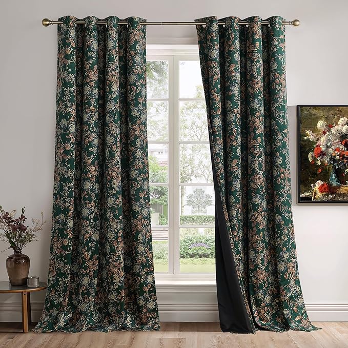 StangH Double- Layer Green Floral Curtains, Super Soft 100% Blackout Velvet Curtains 90 Inch Vintage Heat Cold Blocking Window Drapes for Bedroom Nursery, W52 x L90, 2 Panels