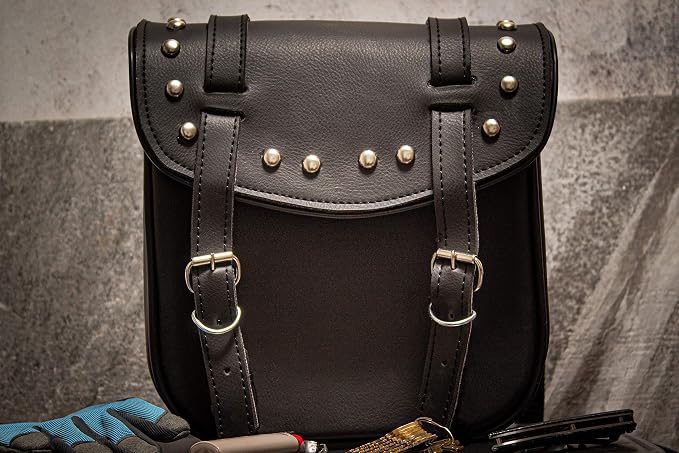 Motorcycle Sissy Bar Black Synthetic Leather Bag 3 Point Heavy Duty Mounts with Quick Release Front Buckles, Universal Fit for Sissy Bars or Forks (Stud)