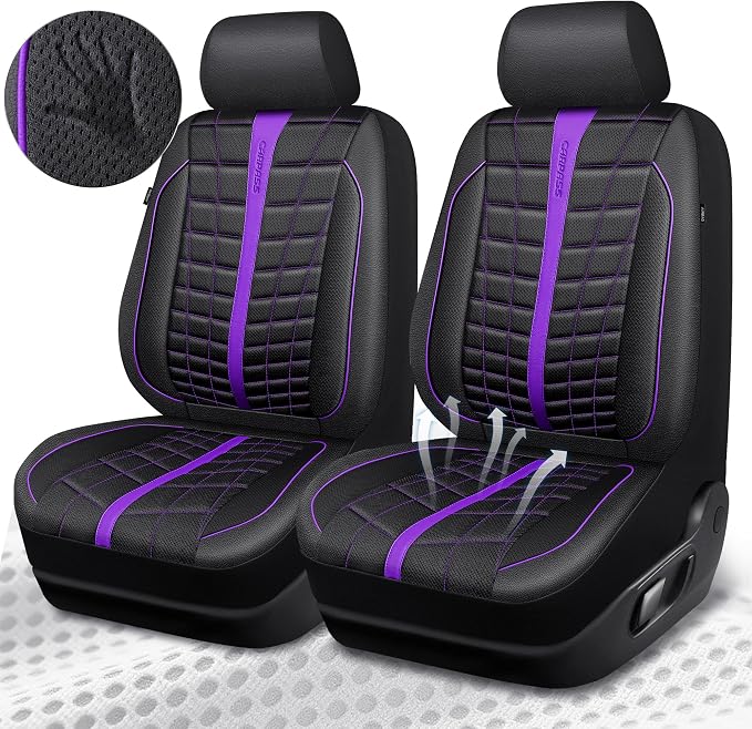 CAR PASS 3D Air Mesh Seat Covers for Car, Leather Car Seat Cover Front Seats, Breathable Foam Premium Leather Mesh Front Seat Covers Universal Fit for Cars Sedans Trucks Vans SUVs, Black Purple