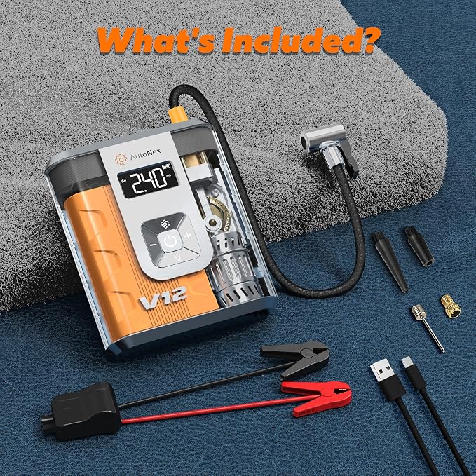 Tire Inflator Portable Air Compressor, Tire Air Pump with Jump Starter, 150 PSI Cordless Tire Inflator and Car Battery Jump Starter for Car, Bike, Motorcycle, Ball, with Pressure Gauge and Storage Bag