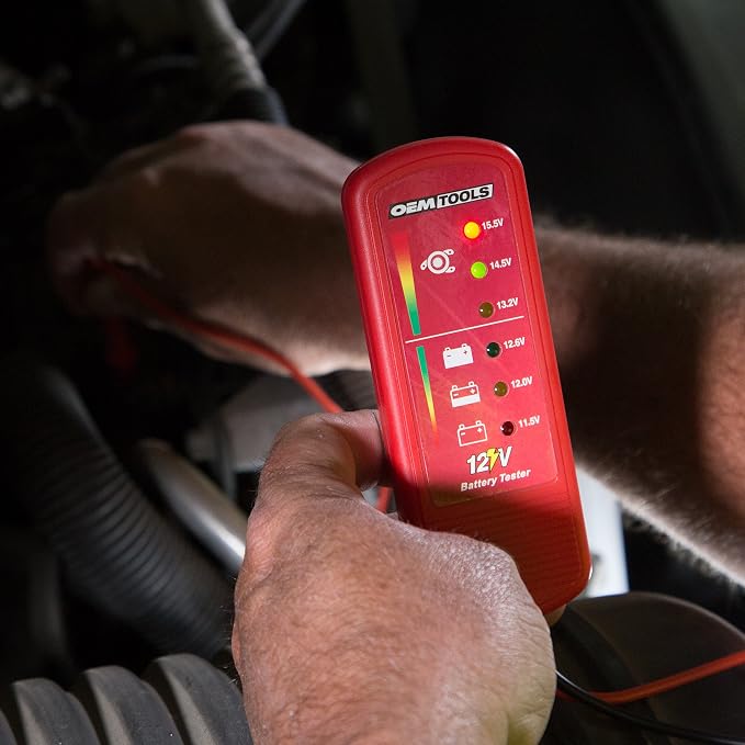 OEMTOOLS 24367 12V Car Battery Tester, Portable Alternator Tester, Easy-to-Read 12v Battery Tester LED Indicators, Works on Trucks, RVs, and Golf Carts