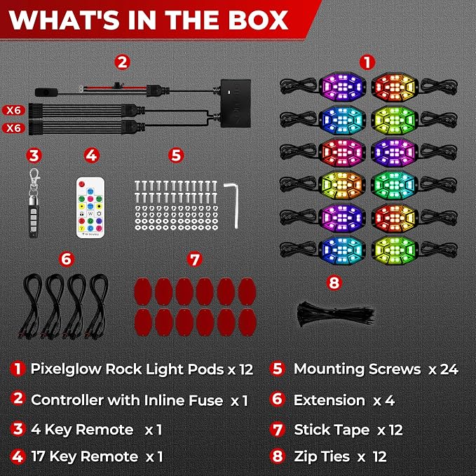 12 Pods 9 Sides RGB Rock Lights, App/2 Remote Control Led Underglow Lights Compatible with 12V Trucks Jeep UTV ATV Golf Cart, Brake Signal, Waterproof, Music Mode, Plug and Play, Multi-Color(Patented)